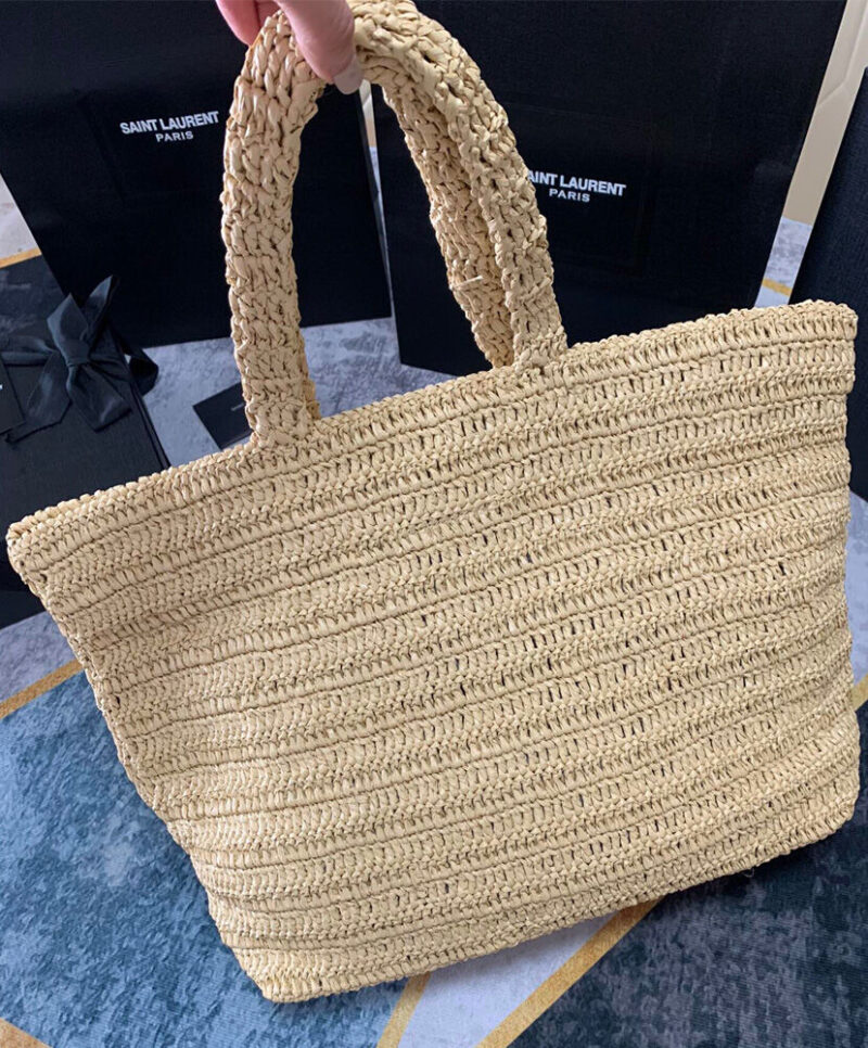 Saint Laurent Rive Gauche Supple Tote Bag In Raffia Crochet Apricot